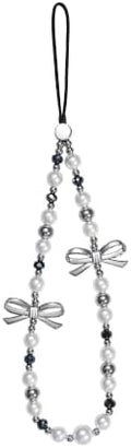 Cell Phone Charm Strap Pearl Beaded Elegant Dark Crystal Camera Lanyard Wrist Luxury Aesthetic Cute Chain Bracelet Handmade Chic Wristlet Accessories for iPhone Samsung Women Girls Silver Bow Faux by Casecond