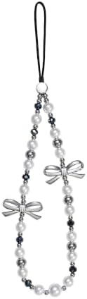 Cell Phone Charm Strap Pearl Beaded Elegant Dark Crystal Camera Lanyard Wrist Luxury Aesthetic Cute Chain Bracelet Handmade Chic Wristlet Accessories for iPhone Samsung Women Girls Silver Bow Faux by Casecond