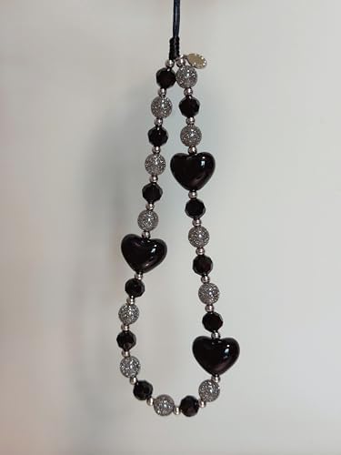 Drawwind Phone Charm Beaded Wristlet Strap Universal Cell Phone Lanyard Cute Bracelet Wrist Strap Beaded Chain String Handmade Accessories for Case Camera Bags (Black Hearts) - Image 6