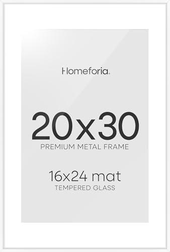 Homeforia 20x30 White Picture Frame, High-End Metal, 16x24 Mat, Glass by Homeforia
