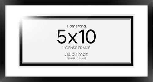 Homeforia 5x10 Black License Frame, High-End Metal, 3.5x8 Mat, Glass by Homeforia