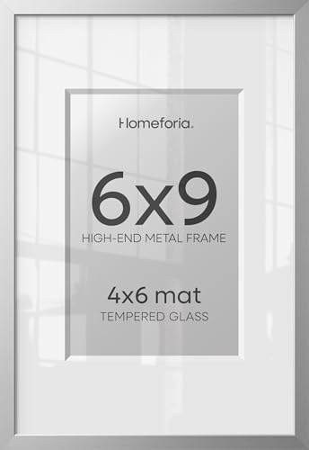 Homeforia 6x9 Silver Picture Frame, High-End Metal, 4x6 Mat, Glass by Homeforia