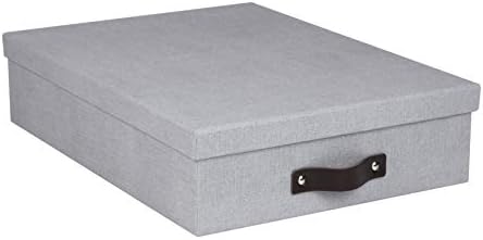 Bigso Oskar Canvas Fiberboard Document Letter Box - File Organizer Box for Important Paperwork - Document Storage with a Lid & Leather Handle - 3.3 in x 10.2 in x 13.8 in - Ash by Bigso