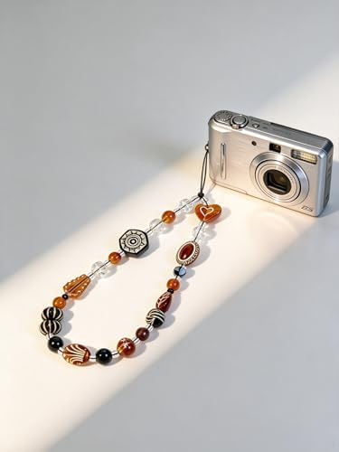 2 Pcs Phone Charm Strap Hand Wrist Strap Camera Lanyard Pearl Beaded Cute Chain String Accessories Universal for iPhone 17 Pro Max 16 15 14 for Samsung Women Girls Keychain Brown Bead and Kawaii Fruit - Image 4
