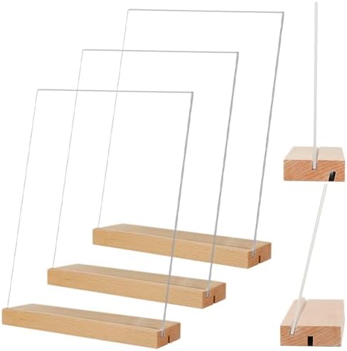 TONICE 8.5 x 11 Acrylic Sign Holder with Wood Base 3 Pack L/T Shape Vertical or Slant Back Display for Wedding, Restaurant, Store, Office, Hotel by TONICE