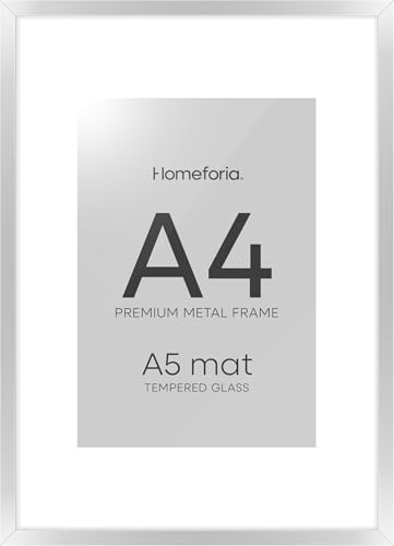 Homeforia A4 Silver Picture Frame, High-End Metal, A5 Mat, Glass by Homeforia