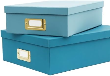 2-Piece Decorative Storage Boxes with Lids, Ocean Blue and Sky Blue combination Document Organizers with Gold Label Holders, Home Decor, Photo Storage, Files Organizer and Keepsake Box - Image 5