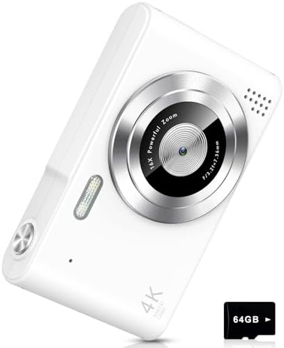 Digital Camera, Camera for Kids, UHD 4K 48MP Point and Shoot Digital Cameras with 64GB SD Card and 16X Digital Zoom Anti Shake, Compact Portable Small Gift for Boys Girls Students,White by Unknown