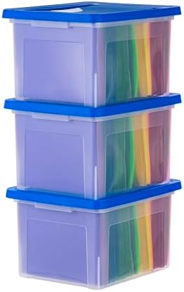 IRIS USA 3-Pack 35 Qt. Letter/Legal File Box with Lid, Clear/Blue by IRISUSA