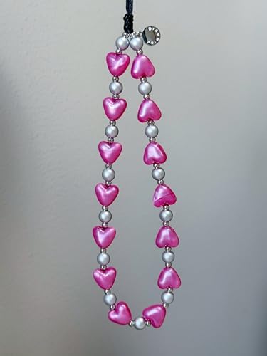 Drawwind Phone Charm Beaded Wristlet Strap Universal Cell Phone Lanyard Cute Bracelet Wrist Strap Beaded Chain String Handmade Accessories for Case Camera Bags (Hot Pink Hearts) - Image 6