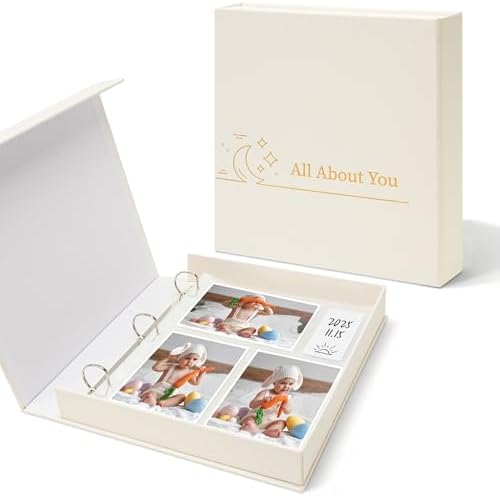 4x6 Photo Storage Box with 3-Ring Slip-In Album, Linen Binder Organizer with Gold Foil Cover, Holds 310 Photos with Blank Memo Cards for Memories & Keepsakes, Beige by Hiwhy