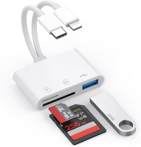 SD Card Reader for iPhone iPad Mac, Lightning & USB-C Dual Connectors Memory Card Reader with SD/Micro SD/USB-A 3 Slots, Digital Camera Adapter to iPhone, Plug & Play by Aplimln