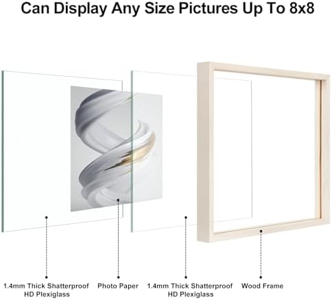 Egofine 8x8 Floating Frames Set of 2, Double Plexiglass Picture Frame, Made of Solid Wood Display Any Size Photo up to 8x8, Wall Mount or Tabletop Standing, Beige - Image 3