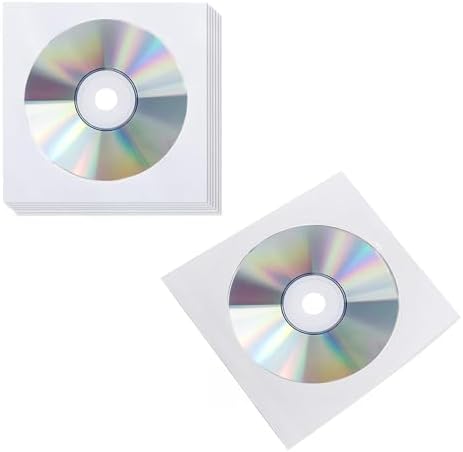 200 PCS White Paper CD DVD Sleeves, Premium Thick CD DVD Sleeves Envelope with Clear Window Cut Out and Close Flap Compatible with Standard Size CD DVD by Hiyoo