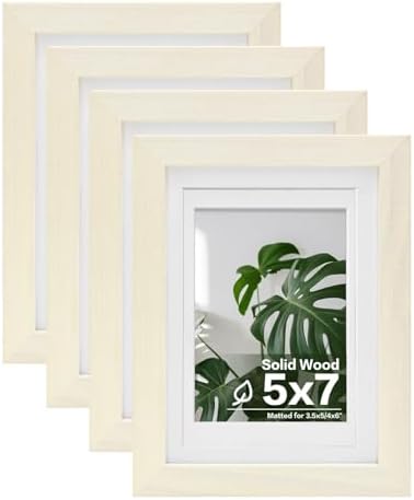 Egofine 5x7 Picture Frames Set of 4, Made of Solid Wood Covered by Plexiglass 3.5x5 and 4x6 with Mat or 5x7 without Mat, for Table Top Display and Wall Mounting Photo Frame Beige by Egofine