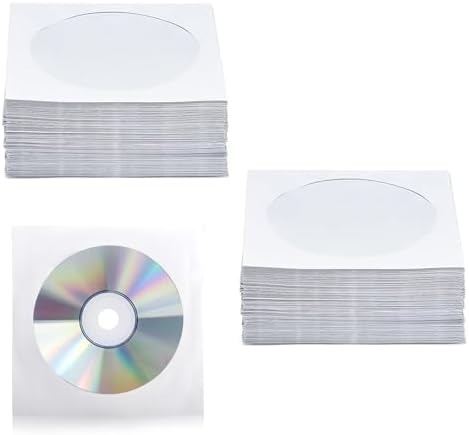 200 PCS CD DVD Sleeves, Premium White Paper CD DVD Sleeves Envelope Sleeves Holder with Clear Window and Close Flap 120 Gram Weight Paper Compatible with Standard Size CD DVD by QoTang