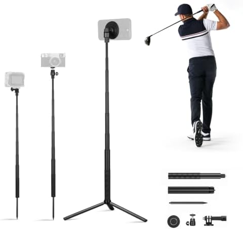 Monopod and Tripod Selfie Stick to Record Golf Swing Training Aid with Ground Spike Stake & Gopro Adapter & 1/4" Screw, Magnetic Golf Phone Holder Compatible with Magsafe iPhone by CAMOLOGEEK
