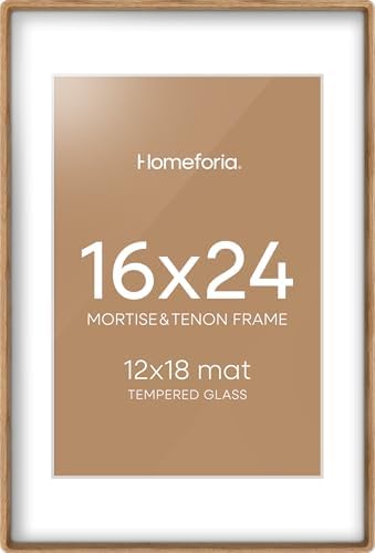 Homeforia 16x24 Mortise&Tenon Natural Oak Picture Frame, 12x18 Mat, Glass by Homeforia