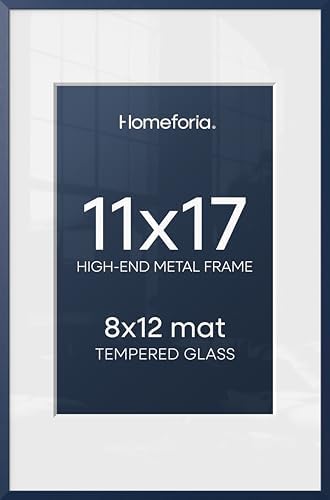 Homeforia 11x17 Blue Picture Frame, High-End Metal, 8x12 Mat, Glass by Homeforia