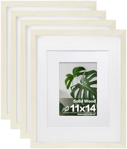 Egofine 11x14 Picture Frames Set of 4, Made of Solid Wood Covered by Plexiglass 5x7 and 8x10 with Mat or 11x14 without Mat, for Table Top Display and Wall Mounting Photo Frame Beige by Egofine
