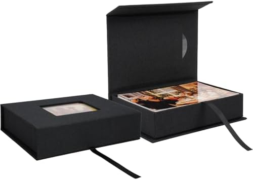 4x6 Photo Storage Box with Window, Linen Black by Hiwhy