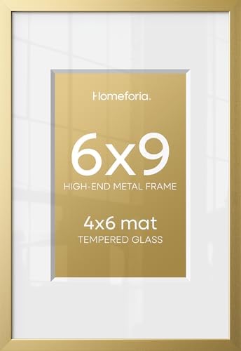 Homeforia 6x9 Gold Picture Frame, High-End Metal, 4x6 Mat, Glass by Homeforia