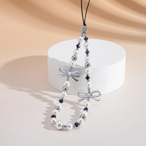 Cell Phone Charm Strap Pearl Beaded Elegant Dark Crystal Camera Lanyard Wrist Luxury Aesthetic Cute Chain Bracelet Handmade Chic Wristlet Accessories for iPhone Samsung Women Girls Silver Bow Faux - Image 2