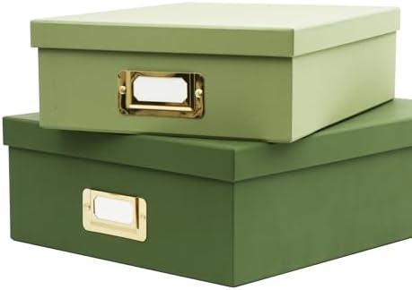 2-Piece Decorative Storage Boxes, Sophisticated Dual-green Palette, Paperboard Stackable with Gold Label Holders for Home Office Organization, Home Decor, Photos, Files and Keepsake Box - Image 5