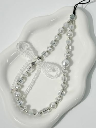 Cell Phone Charm Pearl Beaded Phone Wrist Strap Elegant Aesthetic Handmade Anti-Lost Pearl Chain Bracelet for iPhone 17 Pro Samsung All Smartphones Wristlet Gift for Women Clear Crystal Double Bow Faux - Image 3