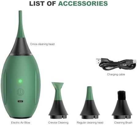 LENSGO Electric Air Blow,Camera Cleaning Kits with 4 Cleaning Heads for CMOS/Regular/Crevice Clean and Brush, 4.0kPa Dust Removal Type C Charge (Green) - Image 6