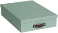 Bigso Oskar Canvas Fiberboard Document Letter Box for Important Paperwork A4 or Letter Size - Durable Keepsake Box with Lid and Leather Handle - 3.3in x 10.2in x 13.8in - Soft Teal by Bigso
