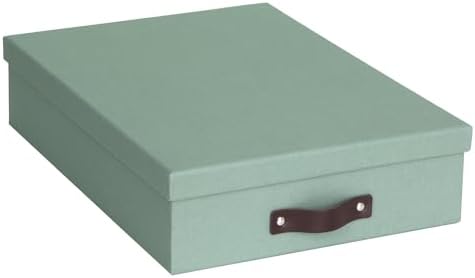 Bigso Oskar Canvas Fiberboard Document Letter Box for Important Paperwork A4 or Letter Size - Durable Keepsake Box with Lid and Leather Handle - 3.3in x 10.2in x 13.8in - Soft Teal by Bigso
