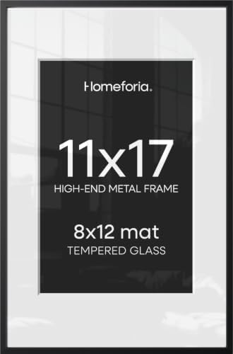 Homeforia 11x17 Black Picture Frame, High-End Metal, 8x12 Mat, Glass by Homeforia