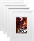 Egofine 9x12 Picture Frames Set of 4, Made of Solid Wood Covered by Plexiglass 5x7 and 6x8 with Mat or 9x12 without Mat, for Table Top Display and Wall Mounting Photo Frame White by Egofine