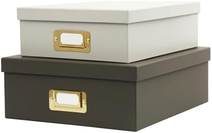 2-Piece Decorative Storage Boxes with Lids, Rich and Soft Gray, Sturdy Cardboard File and Keepsake Organizer with Metal Label Holders, Stackable Document Storage Boxes for Home & Office by MIZFRUZZY