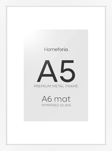 Homeforia A5 White Picture Frame, High-End Metal, A6 Mat, Glass by Homeforia