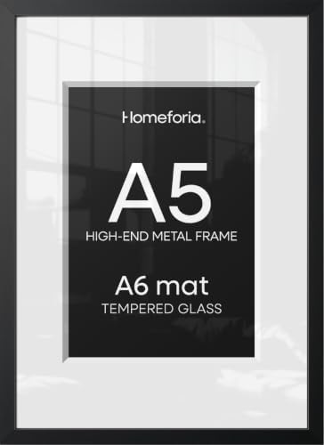 Homeforia A5 Black Picture Frame, High-End Metal, A6 Mat, Glass by Homeforia