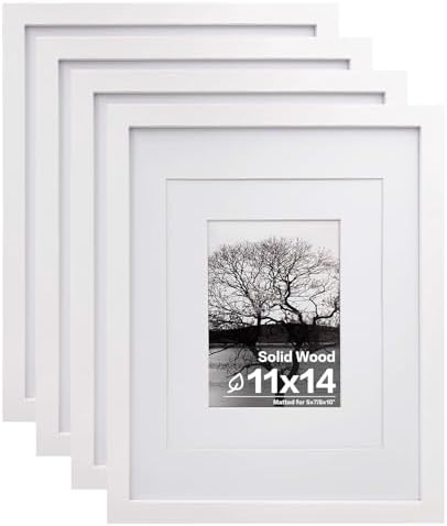 Egofine 11x14 Picture Frames Set of 4, Made of Solid Wood Covered by Plexiglass 5x7 and 8x10 with Mat or 11x14 without Mat, for Table Top Display and Wall Mounting Photo Frame White by Egofine