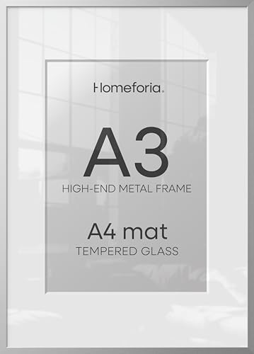 Homeforia A3 Silver Picture Frame, High-End Metal, A4 Mat, Glass by Homeforia