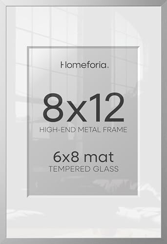 Homeforia 8x12 Silver Picture Frame, High-End Metal, 6x8 Mat, Glass by Homeforia