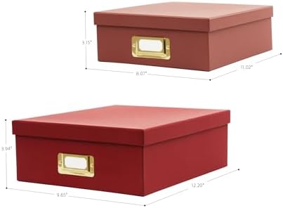 2-Piece Decorative Storage Boxes with Lids with Gold Label Holders, Two-tone Red Design, Stackable Cardboard Document Storage Boxes for Office, Home, Photos, Files and Keepsake Box - Image 6