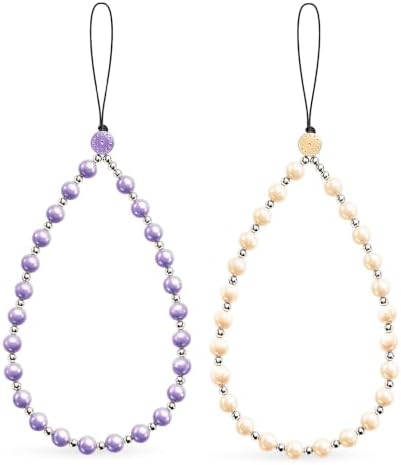 2 Pcs Phone Charm Beaded Strap Cute Cell Phone Wrist Straps String Accessories Hand Aesthetic Lanyard Wristlet Chain for iPhone 17 Pro 16 Camera AirPods Bags Keychains Women Girls Pearl Gold and Puple by Casecond