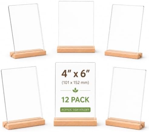 4x6 Acrylic Sign Holder with Beech Wood Base, 12 Pack Clear Double-Sided Tabletop Sign Display Stand, Dual-Use L/T Base for Menu, Wedding Table Number, Photo, Flyer and Retail Display (12, 4x6) by YIVFOX
