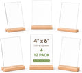 4x6 Acrylic Sign Holder with Beech Wood Base, 12 Pack Clear Double-Sided Tabletop Sign Display Stand, Dual-Use L/T Base for Menu, Wedding Table Number, Photo, Flyer and Retail Display (12, 4x6) by YIVFOX