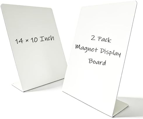 2 Pack Metal White Magnet Display Board, 14" × 10" Anti-slip Magnetic Bulletin Board Tabletop Memo Craft Photo Display Stand Small Business Supplies for Home Office Vendor Booth Events Store Classroom by Unknown