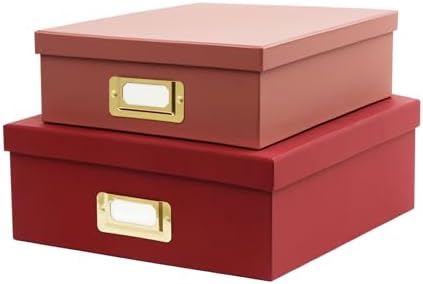 2-Piece Decorative Storage Boxes with Lids with Gold Label Holders, Two-tone Red Design, Stackable Cardboard Document Storage Boxes for Office, Home, Photos, Files and Keepsake Box by MIZFRUZZY