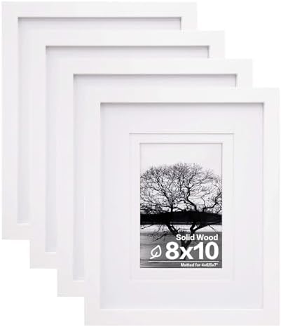 Egofine 8x10 Picture Frames Set of 4, Made of Solid Wood Covered by Plexiglass 4x6 and 5x7 with Mat or 8x10 without Mat, for Table Top Display and Wall Mounting Photo Frame White by Egofine