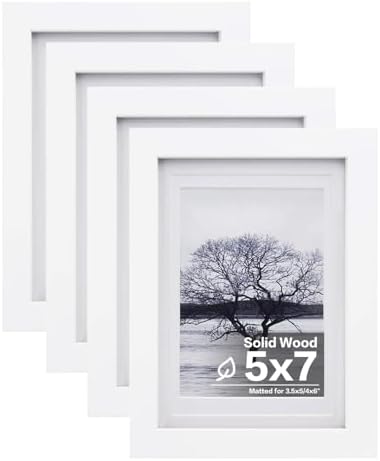 Egofine 5x7 Picture Frames Set of 4, Made of Solid Wood Covered by Plexiglass 3.5x5 and 4x6 with Mat or 5x7 without Mat, for Table Top Display and Wall Mounting Photo Frame White by Egofine