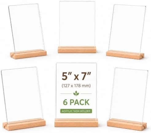5x7 Acrylic Sign Holder with Beech Wood Base, 6 Pack Clear Double-Sided Tabletop Sign Display Stand, Dual-Use L/T Base for Menu, Wedding Table Number, Photo, Flyer and Retail Display (6, 5x7) by YIVFOX
