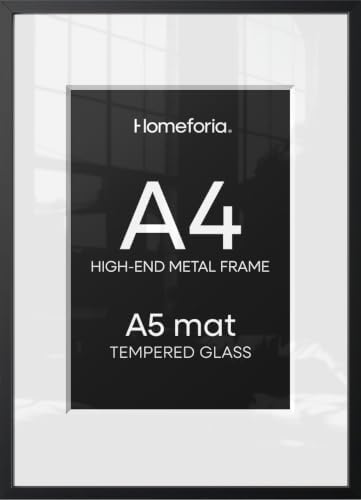 Homeforia A4 Black Picture Frame, High-End Metal, A5 Mat, Glass by Homeforia